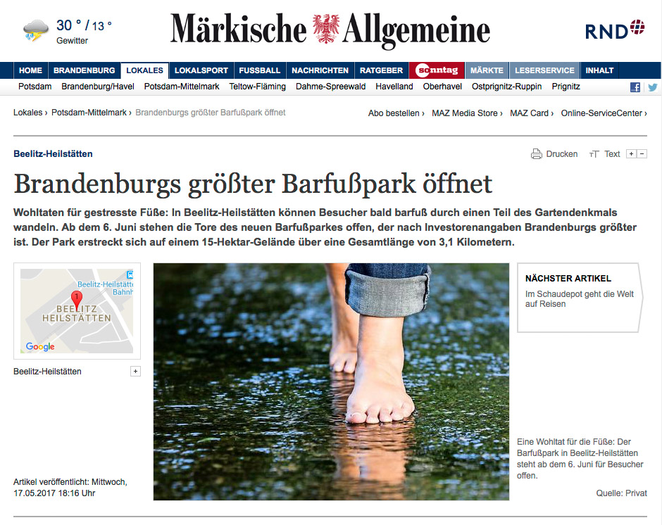 Der Barfußpark Beelitz-Heilstätten in der Märkische Allgemeine Zeitung
